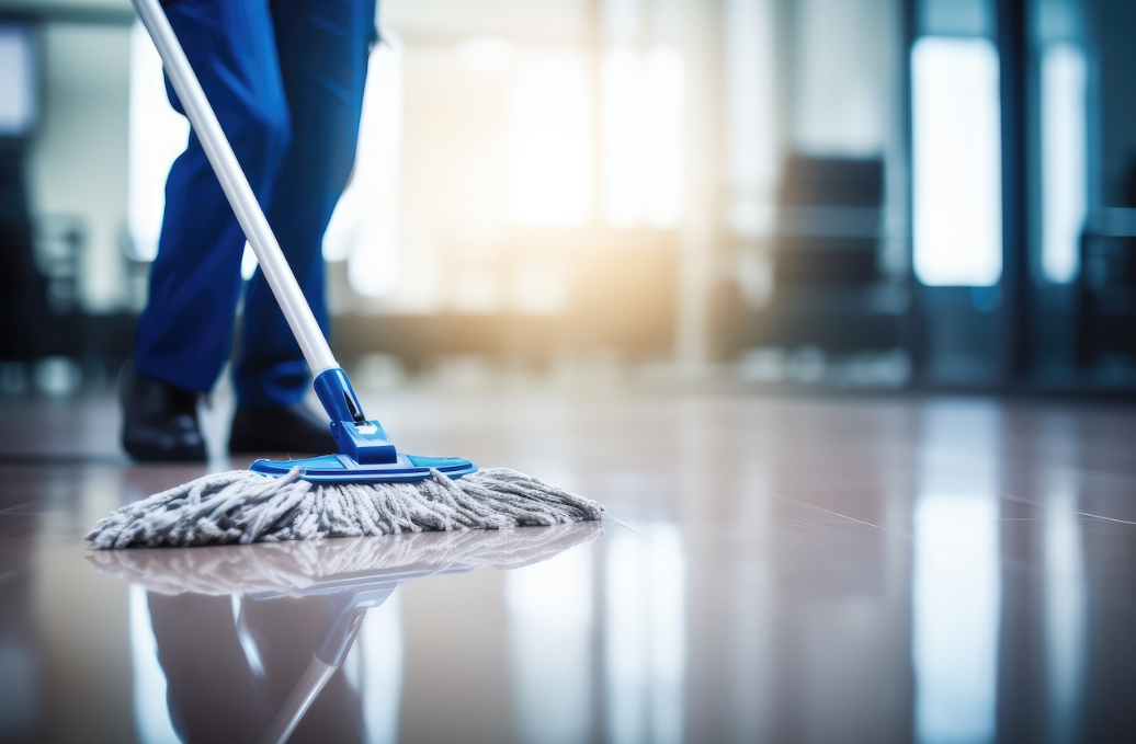 Mopping an Office Floor, Mop Close-Up, Cleaner Cleans the Floors,